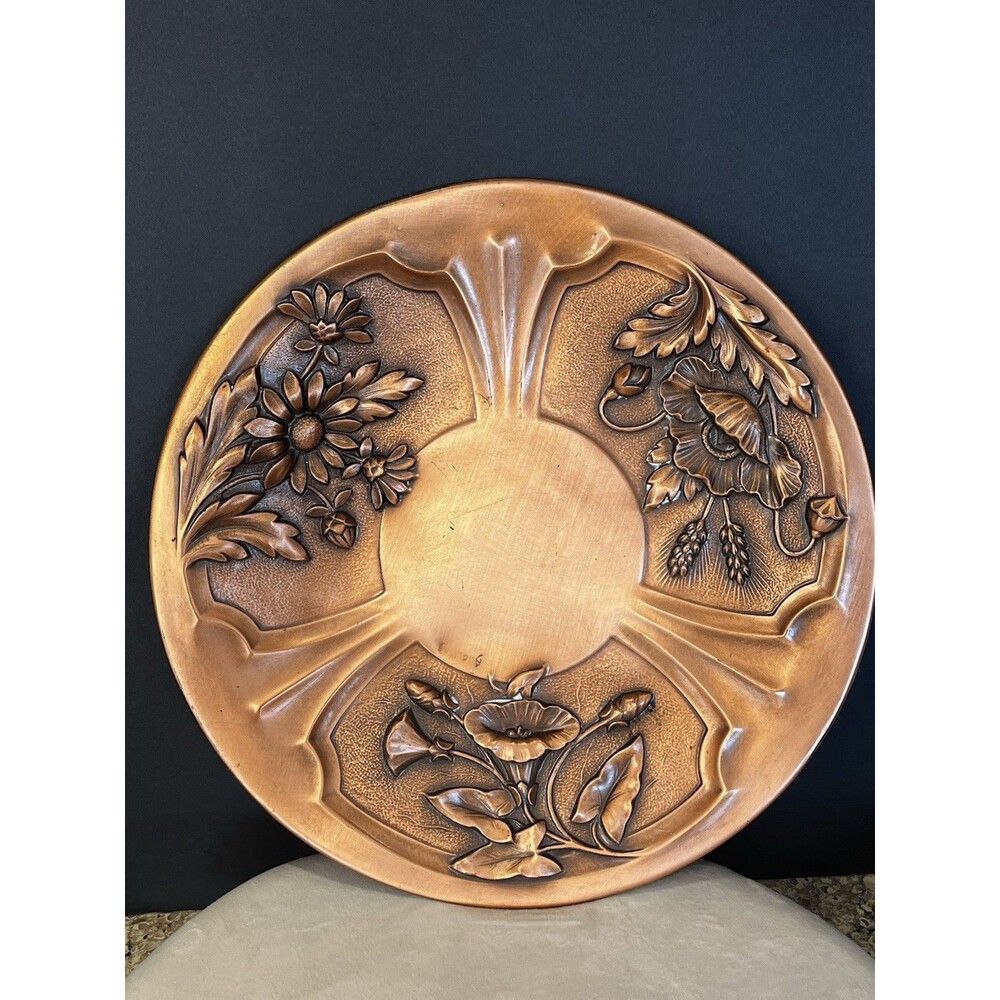 Vintage Albert Gilles Copper Relief Ornate Floral 12” Hanging Plate